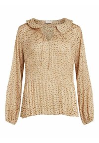 Blusa beige a maniche lunghe con colletto arricciato, scollatura a V e motivo con punti dorati. Realizzata in morbido tessuto plissettato con polsini elastici.