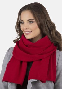 Red knitted scarf wrapped around the neck, featuring a soft texture and a rectangular shape. It contrasts against a gray coat.