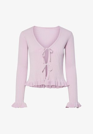 Hele lilla soonikuga kootud kardigan pikkade varrukatega, ees lipsuga sulgedav ja volangidega ääred ja varrukasuu.