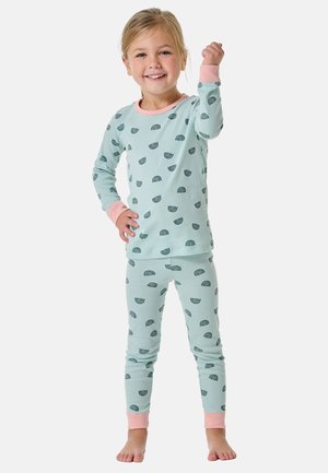 Helles blaues Pyjama-Set mit einem Regenbogenmuster, mit rosa Bündchen an den Ärmeln und Hosen. Weicher Stoff, figurbetontes Design für Komfort.