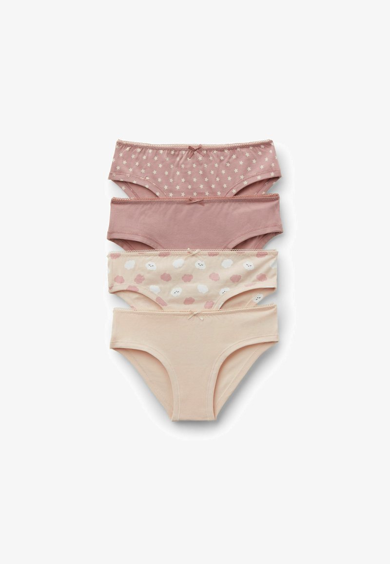 Quatre culottes pour filles empilées, dans des nuances de rose et de beige ; les motifs incluent des étoiles et des nuages souriants avec des nœuds sur la ceinture avant.