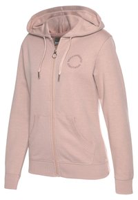 Sudadera con cremallera de color rosa claro, con capucha ajustable, puños y dobladillo de canalé, bolsillos frontales y un logo circular en el pecho. Tejido suave al tacto.