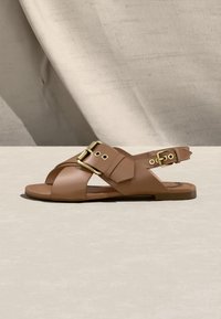 Άνετο σανδάλι σε επίπεδη σόλα, σε ανοιχτό καφέ χρώμα με σταυρωτά λουριά, χρυσά αγκράφες στο μπροστινό μέρος και στον αστράγαλο, τοποθετημένο σε ουδέτερο υφασμάτινο φόντο και επιφάνεια.