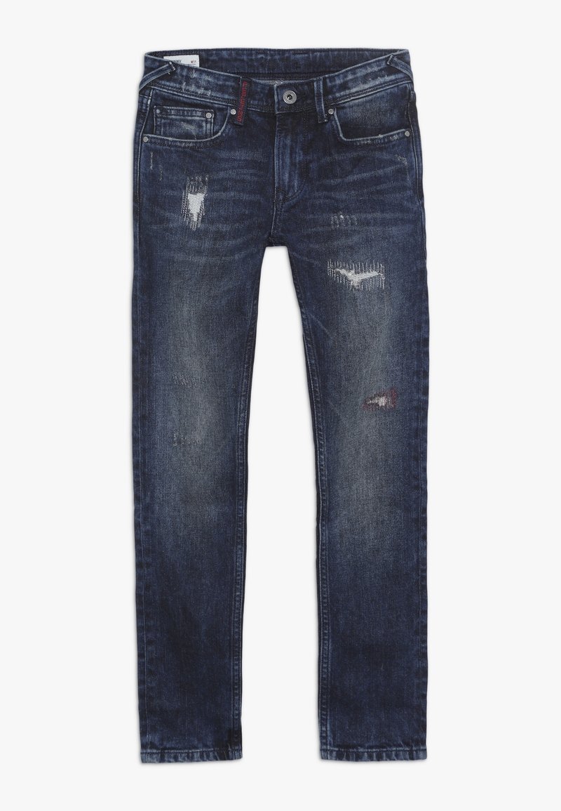 Tmavé denimové džíny s úzkým střihem, které mají poškozené detaily včetně roztržených záplat a klasického pětikapsového designu.