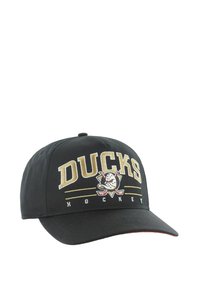Schwarze Kappe mit einem gestickten "DUCKS HOCKEY"-Logo. Mit einem gebogenen Schild und orangefarbener Naht am Rand. Robuste Stoffkonstruktion.