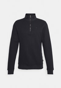 Zwarte sweatshirt met een ritskraag, lange mouwen, geribde manchetten en zoom, voorzien van een subtiele logo op de borst en een gestructureerde afwerking.