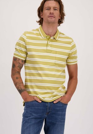 Groen en wit gestreepte polo met een kraag, korte mouwen en een borstzak. De stof lijkt glad en licht rekbaar.