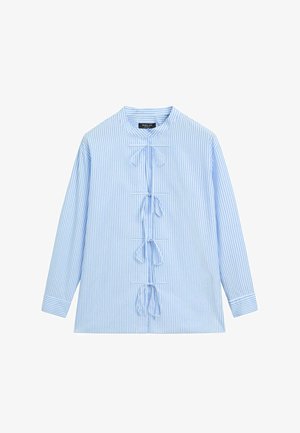 Light blue and white vertical striped long-sleeve blouse with a high collar and four tied bows down the front.