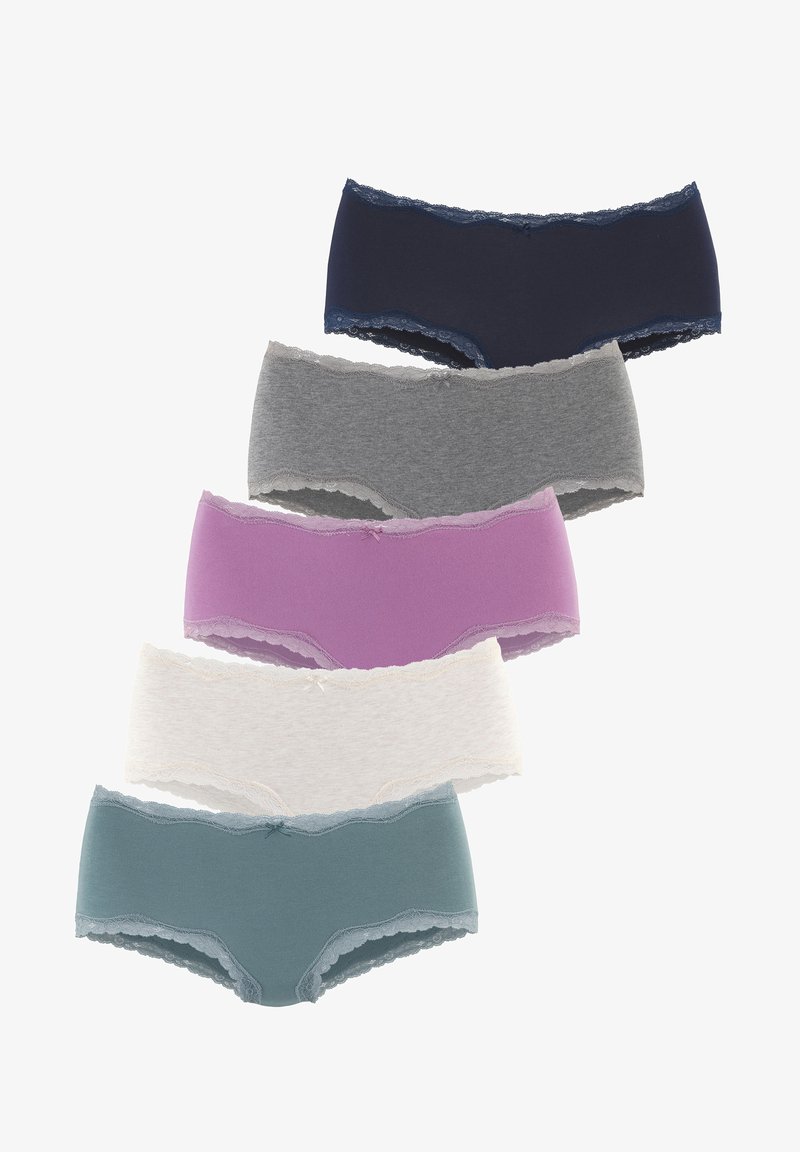 Fünf Paare hipster Unterwäsche mit Spitzenrand in Marineblau, Grau, Lila, Weiß und Türkis; aus weichem Material mit glatter Textur.