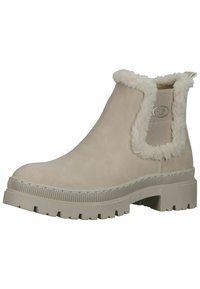 Bottines beige avec finition en fausse fourrure, tige en synthétique texturé, semelle en caoutchouc épaisse et panneaux élastiques sur les côtés pour un enfilage facile.