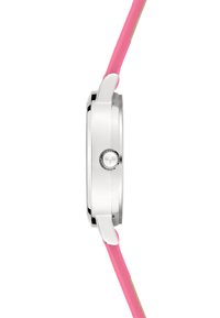 Silberner Metalluhrengehäuse in runder Form. Verfügt über ein hellpinkfarbenes Silikonarmband und eine Krone mit einem dekorativen Element.