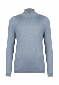 Jasnoniebieski sweter z długim rękawem, z fasonem z zakładanym kołnierzem. Wykonany z miękkiego, teksturowanego materiału, z delikatnym blaskiem i prążkowanym dołem.