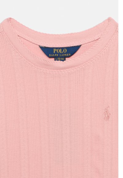 Ροζ ριμπ πλεκτό πουλόβερ Polo Ralph Lauren με στρογγυλή λαιμόκοψη, μέγεθος L (12-14), με κεντημένο λογότυπο στο στήθος.