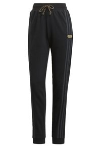 Svarta Adidas träningbyxor med tre mörkgrå ränder på sidorna, elastisk midja med dragsko och Adidas-logotyp på låret.