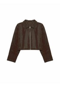 Brązowa kurtka o krótkim kroju z długimi rękawami, kołnierzem i zamkiem z przodu. Posiada gładką fakturę i minimalistyczny design.