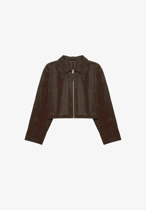 Braune, kurz geschnittene Jacke mit langen Ärmeln, Kragen und Front-Reißverschluss. Verfügt über eine glatte Textur und ein minimalistisches Design.