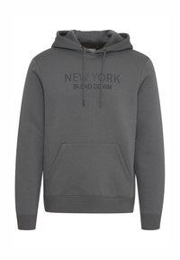 Gray hoodie made from soft material featuring a front pocket, adjustable drawstring hood, and "NEW YORK BLEND DENIM" text on the chest.