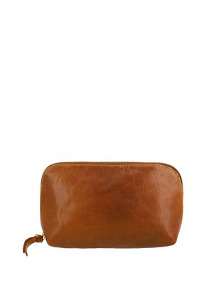 Brown leather wallet with a smooth texture and a zip closure. Features a small leather tag detail. Rectangular shape with rounded corners.