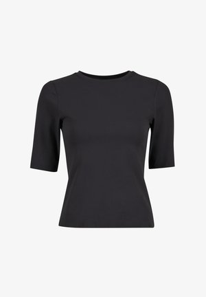 Schwarzes Kurzarmoberteil aus glattem Stoff mit rundem Halsausschnitt und taillierter Form, das ein minimalistisches Design ohne sichtbare Muster aufweist.