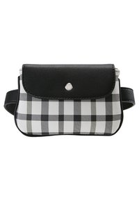 Borsa a tracolla a scacchi bianco e nero con chiusura a patta in pelle sintetica e bottone a pressione argentato, dotata di tracolla.