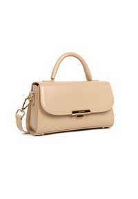 Borsa a tracolla in pelle beige con una forma strutturata, manico superiore e strap rimovibile, caratterizzata da una chiusura in oro e un logo discreto.