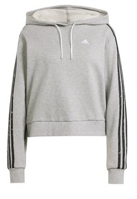 Sudadera Adidas de color gris claro con cordones, puños y dobladillo acanalados, rayas negras con pequeños logotipos en las mangas y el logotipo de Adidas en el pecho.