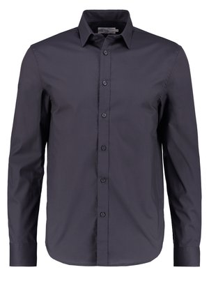 Dark navy blue long-sleeve shirt made of smooth cotton, featuring a button-down front, classic collar, and a tailored fit.