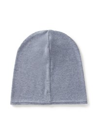 Jasnoniebieska czapka typu beanie wykonana z miękkiego dzianinowego materiału, z zaokrąglonym wierzchołkiem, bezszwowym designem i gładką teksturą bez wzorów i ozdób.