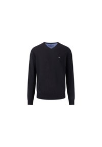 Sort v-hals sweater lavet af et blødt, strikket stof. Har lange ærmer, ribbede manchetter og talje, samt et lille logo på brystet.