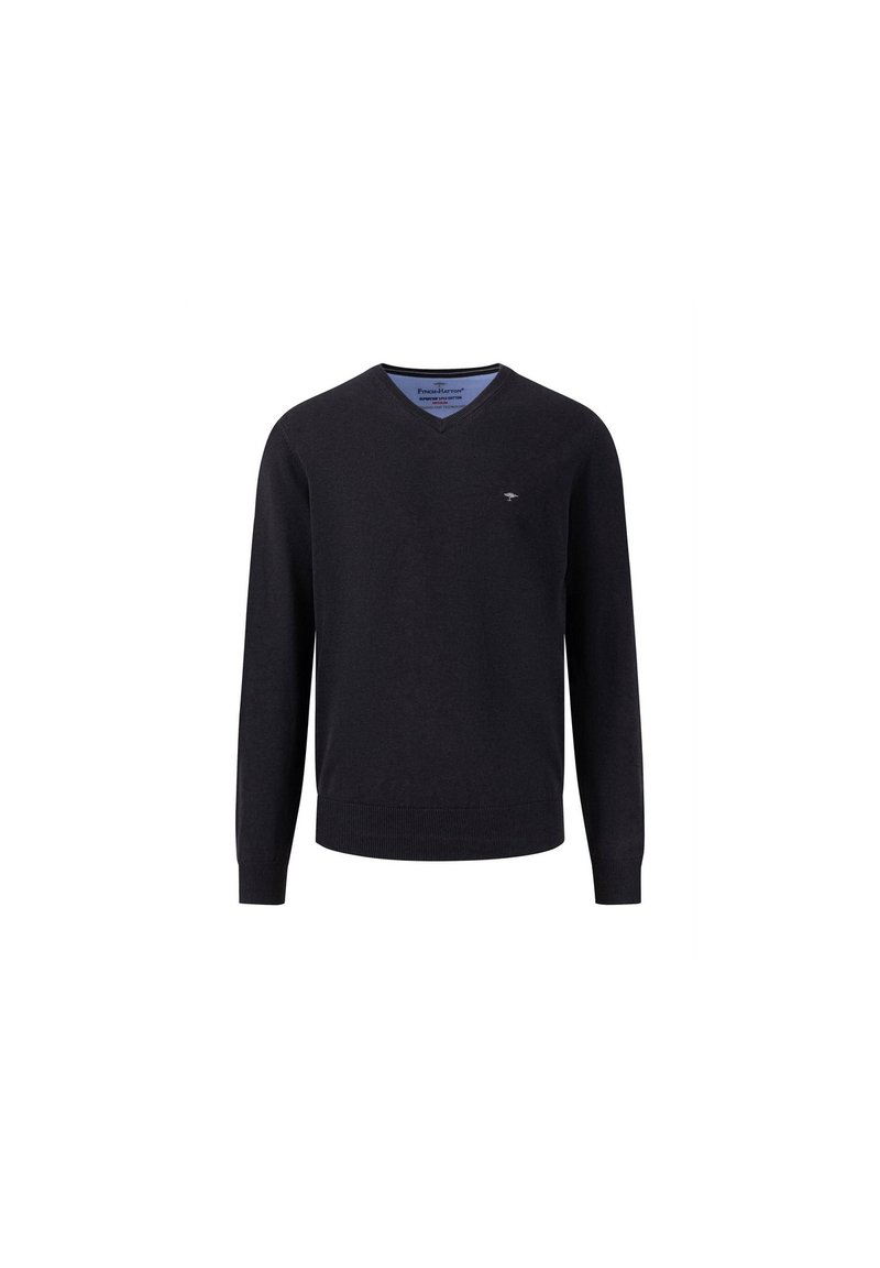 Sort v-hals sweater lavet af et blødt, strikket stof. Har lange ærmer, ribbede manchetter og talje, samt et lille logo på brystet.