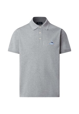 Grijs poloshirt gemaakt van een zachte katoenmengeling, met een kraag, korte mouwen en een klein blauw geborduurd logo op de borst.