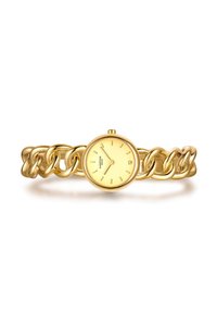 Reloj dorado con esfera redonda, dial amarillo y diseño de pulsera de eslabones que presenta eslabones de cadena pulidos y sobredimensionados con marcadores de horas mínimos.