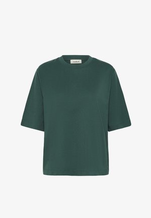 T-Shirt mit kurzen Ärmeln und Rundhalsausschnitt aus dunkelgrüner Baumwolle. Verfügt über eine lockere Passform mit geradem Saum und minimalen Nahtdetails.