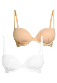To brystholdere vist, en i beige og en i hvid. Begge har formede skåle, justerbare stropper og sømløs design. Glat stofstruktur.