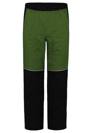Wasserfeste Outdoor-Hosen verfügen über einen grünen oberen Abschnitt und einen schwarzen unteren Abschnitt mit reflektierenden Akzenten und einem elastischen Bund für zusätzlichen Komfort.