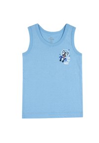 Jasnoniebieski, bezrękawnik z bawełny, z nadrukiem królika w kombinezonie kosmonauty z napisem "ON MY WAY" oraz gwiazdkami.