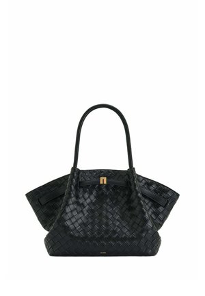 Sac à main en cuir tressé noir avec une forme structurée, une anse supérieure unique et des ferrures métalliques dorées discrètes au centre avant.