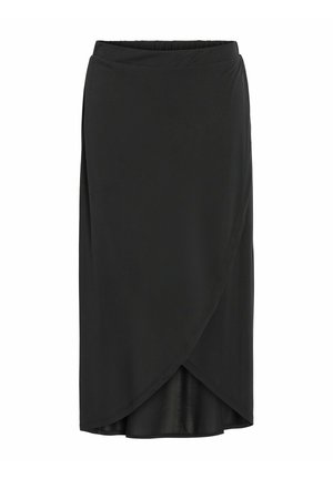 Zwarte wikkelrok van zachte stof, met een elastische tailleband en een gelaagd ontwerp met een gladde afwerking en een zijsplit.