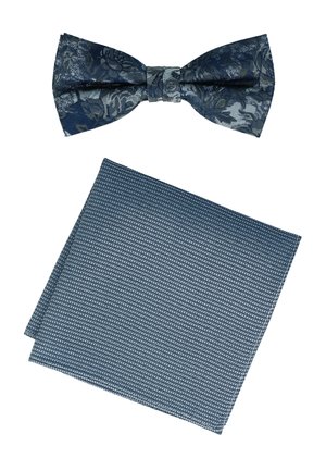 Navyblauer Fliegenknoten mit floralem Muster und passendem, strukturiertem Einstecktuch, beide mit einem gewebten Design.