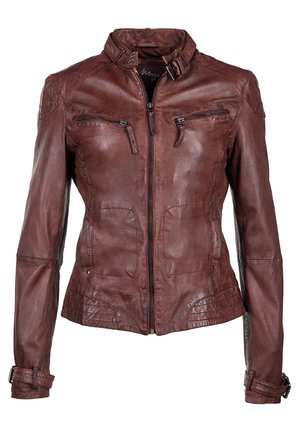 Veste en cuir marron avec fermeture éclair frontale, deux poches poitrine zippées, col à boucle et boucles ajustables aux poignets.