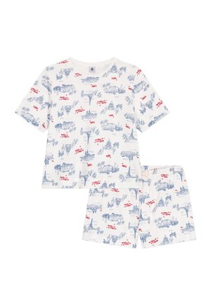 Ensemble de pyjama en coton avec une base blanche ornée de croquis bleus de monuments et de texte rouge. Haut à manches courtes et shorts avec taille élastique.