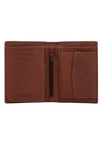 Braune Leder-Bifold-Geldbörse mit Kartenfächern, einem Reißverschluss-Münzfach und RFID-Schutzsymbol auf der linken Seite.