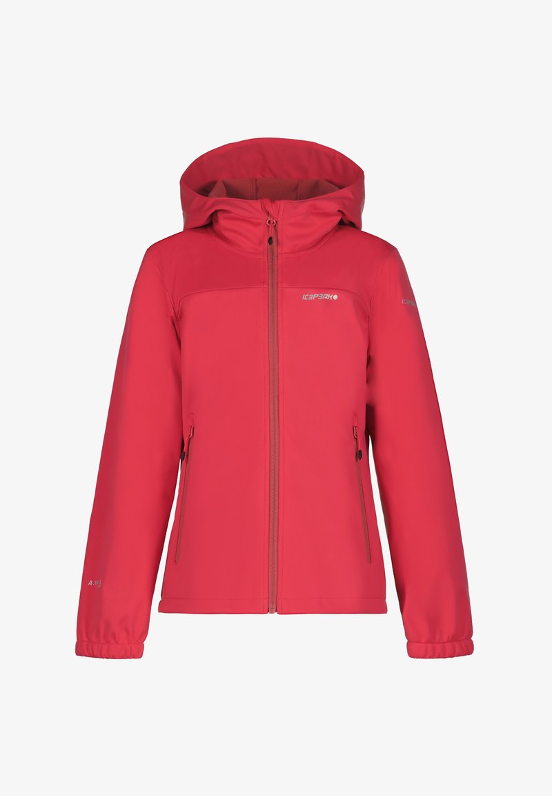 Red softshell jacket with a hood, zip front, two side pockets, elastic cuffs, and textured fabric. Logo printed on the upper left side.