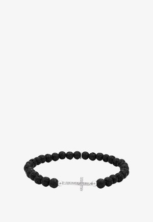 Armband aus schwarzem Lava-Steinperlen mit einem silbernen Kreuzakzent und klaren Kristalldetails, elastisches Design für eine anpassbare Passform.
