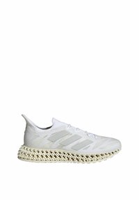 Scarpa sportiva bianca con tomaia in rete, tre strisce grigie sul lato e una distintiva suola intermedia a lattice stampata in 3D per l'ammortizzazione.
