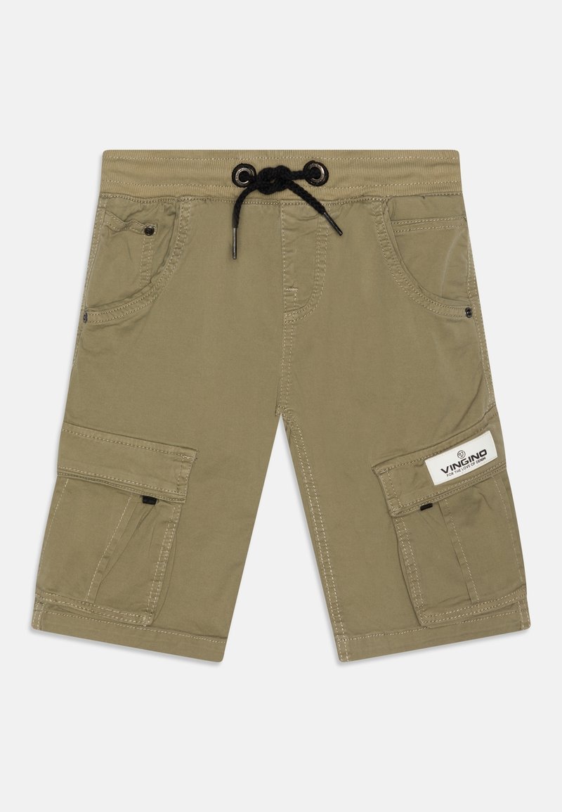 Knee-length khaki cargo šortky s elastickým pasem, černou šňůrkou, několika kapsami a značkovou visačkou na boku.