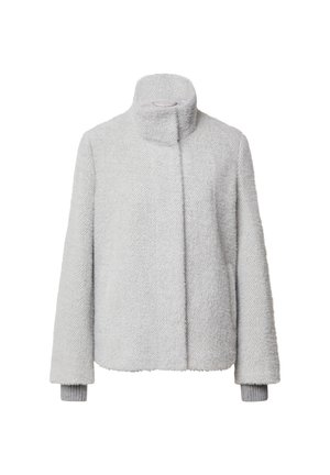 Cappotto grigio chiaro realizzato in tessuto testurizzato, con colletto alto, spalle scese e polsini a costine. Design semplice senza decorazioni.