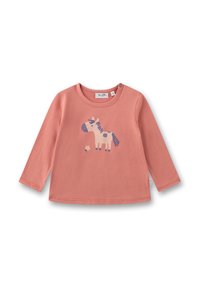 Langärmliges korallenfarbenes Shirt aus weicher Baumwolle mit einem lila und cremefarbenen Pferde-Motiv und kleinen Blumendetails nahe der Unterkante. Mit Druckknopfverschluss.