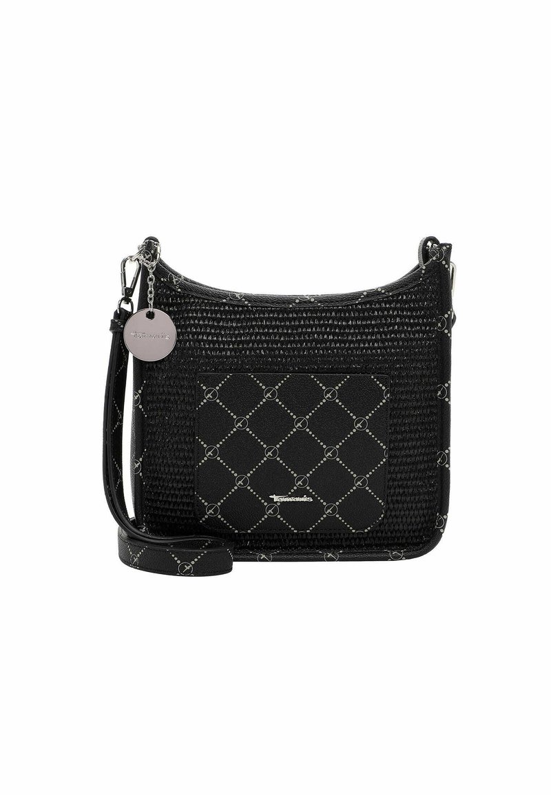 Borsa a tracolla nera in tessuto intrecciato con motivo a diamante, tracolla regolabile, tasca frontale e etichetta in metallo circolare. Superficie texture e design elegante.