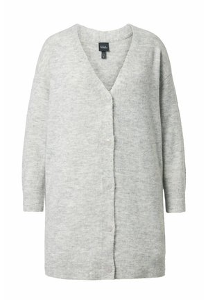 Hellgrauer Cardigan aus weichem Strickstoff. Mit V-Ausschnitt, fünf Knöpfen vorne und gerippten Bündchen in lockerer Passform.
